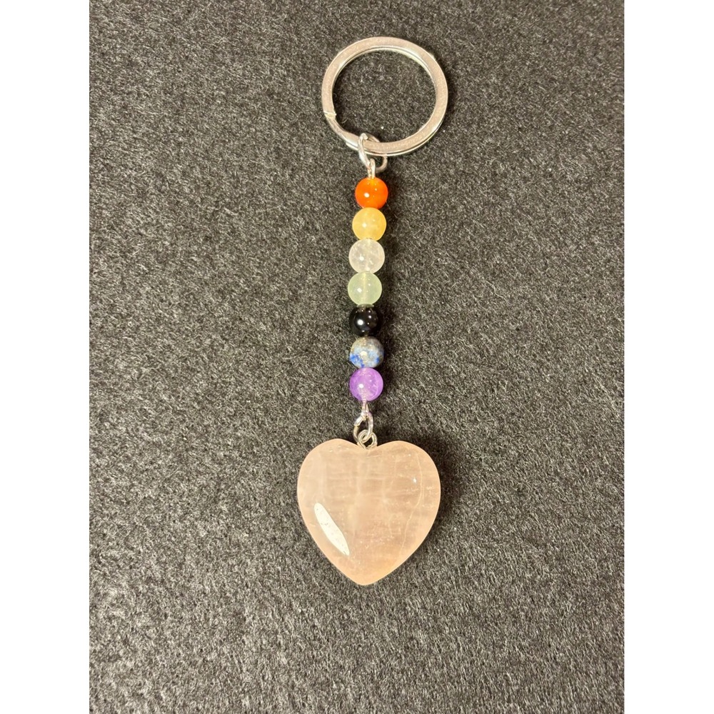 Rose Quartz Heart Chakra Gemstone Keychain Rainbow Bead Bag Charm
